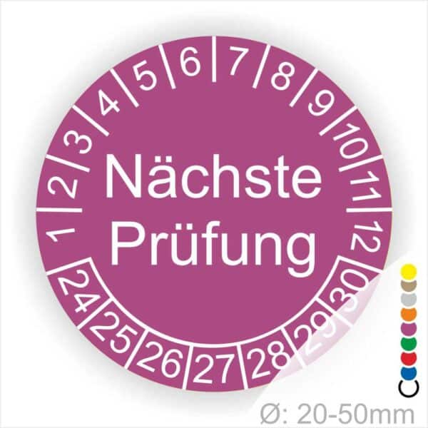 Prüfplaketten, Prüfetiketten rund, Farbe- Lila, Text "Nächste Prüfung" in Weiß. Startjahr- 24, Monatszahlen Oben und Jahreszahlen Unten in Kreisform.