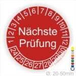 Prüfplaketten, Prüfetiketten rund, Farbe- Rot, Text "Nächste Prüfung" in Weiß. Startjahr- 24, Monatszahlen Oben und Jahreszahlen Unten in Kreisform.