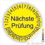 Nächste Prüfung Prüfplakette gelb mit Monats- und Jahresring, runde Prüfplakette zur Kennzeichnung des nächsten Prüftermins, Durchmesser 20–50 mm