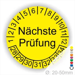 Nächste Prüfung Prüfplakette gelb mit Monats- und Jahresring, runde Prüfplakette zur Kennzeichnung des nächsten Prüftermins, Durchmesser 20–50 mm