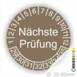 Nächste Prüfung Prüfplakette braun mit Monats- und Jahresring, runde Prüfplakette zur Kennzeichnung des nächsten Prüftermins, Durchmesser 20–50 mm