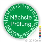 Nächste Prüfung Prüfplakette gruen mit Monats- und Jahresring, runde Prüfplakette zur Kennzeichnung des nächsten Prüftermins, Durchmesser 20–50 mm