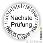 Runder Prüfungsaufkleber mit der Aufschrift „Nächste Prüfung“ und Zahlen von 1 bis 35, geeignet für Durchmesser von 20-50 mm. Ideal zur Kennzeichnung von Prüfterminen.