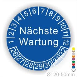 Prüfplaketten, Prüfetiketten rund, Farbe- Blau, Text "Nächste Wartung" in Weiß. Startjahr- 26, Monatszahlen Oben und Jahreszahlen Unten in Kreisform.