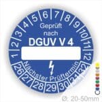 Prüfplakette rund mit Text geprüft nach DGUV Vorschrift 4 danach Beschriftungsfeld in Weiß und Text Nächster Prüftermin. Plaketten Farbe- Blau und Text in Weiß. Monatszahlen oben und Jahreszahlen unten beginnend mit Startjahr- 26.