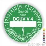 Prüfplakette rund mit Text geprüft nach DGUV Vorschrift 4 danach Beschriftungsfeld in Weiß und Text Nächster Prüftermin. Plaketten Farbe- Grün und Text in Weiß. Monatszahlen oben und Jahreszahlen unten beginnend mit Startjahr- 26.