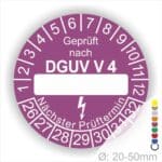 Prüfplakette rund mit Text geprüft nach DGUV Vorschrift 4 danach Beschriftungsfeld in Weiß und Text Nächster Prüftermin. Plaketten Farbe- Lila und Text in Weiß. Monatszahlen oben und Jahreszahlen unten beginnend mit Startjahr- 26.