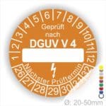 Prüfplakette rund mit Text geprüft nach DGUV Vorschrift 4 danach Beschriftungsfeld in Weiß und Text Nächster Prüftermin. Plaketten Farbe- Orange und Text in Weiß. Monatszahlen oben und Jahreszahlen unten beginnend mit Startjahr- 26.