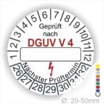 Prüfplakette rund mit Text geprüft nach DGUV Vorschrift 4 danach Beschriftungsfeld in Weiß und Text Nächster Prüftermin. Plaketten Farbe- Weiss und Text in Schwarz. Monatszahlen oben und Jahreszahlen unten beginnend mit Startjahr- 26.