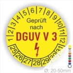 Prüfplakette rund mit Text geprüft nach DGUV V 3 danach Elektropfeil und Text Nächster Prüftermin. Plaketten Farbe- Gelb und Text in Schwarz- Rot. Monatszahlen oben und Jahreszahlen unten beginnend mit Startjahr- 25. Durchmesser 20-50mm frei wählbar.