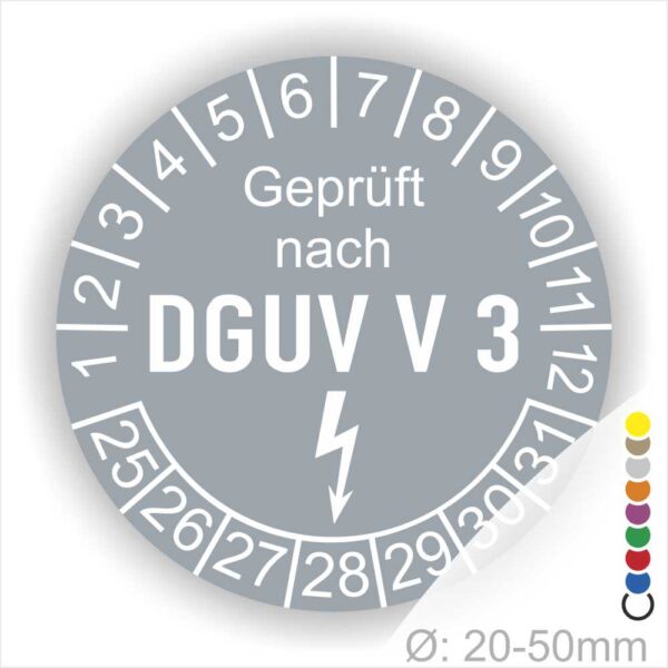 Prüfplakette rund mit Text geprüft nach DGUV V 3 danach Elektropfeil und Text Nächster Prüftermin. Plaketten Farbe- Grau und Text in Weiß. Monatszahlen oben und Jahreszahlen unten beginnend mit Startjahr- 25. Durchmesser 20-50mm frei wählbar.