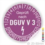 Prüfplakette rund mit Text geprüft nach DGUV V 3 danach Elektropfeil und Text Nächster Prüftermin. Plaketten Farbe- Lila und Text in Weiß. Monatszahlen oben und Jahreszahlen unten beginnend mit Startjahr- 25. Durchmesser 20-50mm frei wählbar.