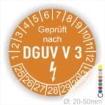 Prüfplakette rund mit Text geprüft nach DGUV V 3 danach Elektropfeil und Text Nächster Prüftermin. Plaketten Farbe- Orange und Text in Weiß. Monatszahlen oben und Jahreszahlen unten beginnend mit Startjahr- 25. Durchmesser 20-50mm frei wählbar.