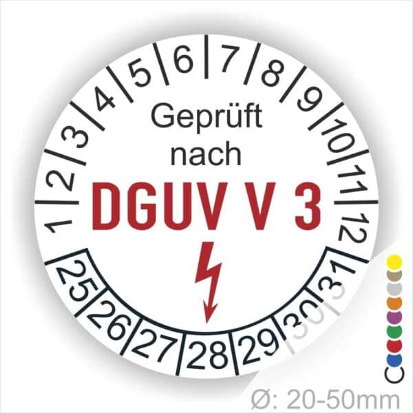 Prüfplakette rund mit Text geprüft nach DGUV V 3 danach Elektropfeil und Text Nächster Prüftermin. Plaketten Farbe- Weiss und Text in Schwarz- Rot. Monatszahlen oben und Jahreszahlen unten beginnend mit Startjahr- 25. Durchmesser 20-50mm frei wählbar.
