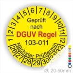 Prüfplakette, Wartungsticker runde Form mit Text geprüft nach DGUV Regel 103-011 Nächster Prüftermin. Plaketten Farbe- Gelb und Text in Schwarz und Rot. Monatszahlen oben und Jahreszahlen unten beginnend mit Startjahr- 26 zur Prüfung Elektrotechnik die BG Regel Arbeiten unter Spannung