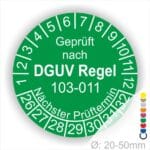 Prüfplakette, Serviceplakette runde Form mit Text geprüft nach DGUV Regel 103-011 Nächster Prüftermin. Plaketten Farbe- Grün und Text in Weiss. Monatszahlen oben und Jahreszahlen unten beginnend mit Startjahr- 26 zur Prüfung Elektrotechnik die BG Regel Arbeiten unter Spannung