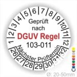 Prüfplakette, Klebeetikett runde Form mit Text geprüft nach DGUV Regel 103-011 Nächster Prüftermin. Plaketten Farbe- Weiss und Text in Schwarz und Rot. Monatszahlen oben und Jahreszahlen unten beginnend mit Startjahr- 26 zur Prüfung Elektrotechnik die BG Regel Arbeiten unter Spannung