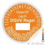 Prüfplakette rund mit Text geprüft nach DGUV Regel danach Beschriftungsfeld in Weiß und Text Nächster Prüftermin. Plaketten Farbe- Orange und Text in Weiß. Monatszahlen oben und Jahreszahlen unten beginnend mit Startjahr- 26. Durchmesser 20-50mm frei wählbar.