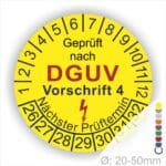 Prüfplakette, DGUV Vorschrift 4 Prüfsiegel rund mit Text geprüft nach Dguv Vorschrift 3 danach Elektropfeil in Rot. Plaketten Farbe- Gelb und Text in Schwarz. Monatszahlen oben und Jahreszahlen unten beginnend mit Startjahr- 26.