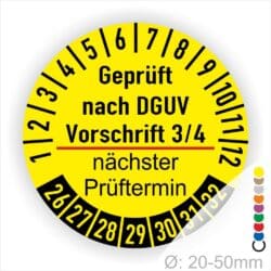 Prüfplakette Dguv Vorschrift 3/4 und Nächster Prüftermin Text in Farbe- Gelb/Schwarz/Rot Monatszahlen und Jahreszahlen Startjahr- 26
