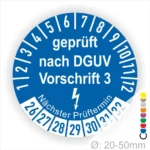 Prüfziffernblatt für DGUV Vorschrift 3 mit Angaben zur nächsten Prüfzeit und Durchmesser von 20-50 mm.