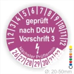 Alt-Text: Prüfplakette nach DGUV Vorschrift 3, zeigt nächsten Prüftermin und Durchmesser von 20-50 mm.