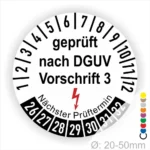 Prüfziffern für DGUV Vorschrift 3 mit nächstem Prüftermin, geeignet für Geräte mit einem Durchmesser von 20-50 mm.