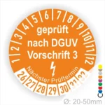 Runder Prüfaufkleber in Orange mit der Aufschrift "geprüft nach DGUV Vorschrift 3", zeigt den nächsten Prüftermin und einen Durchmesser von 20-50 mm.