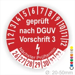 Runder Prüfaufkleber mit dem Text "geprüft nach DGUV Vorschrift 3" und dem Hinweis auf den nächsten Prüftermin. Der Durchmesser beträgt 20-50 mm.