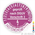 Prüfsiegel nach DGUV Vorschrift 3, zeigt den nächsten Prüftermin und den Durchmesser von 20-50mm.