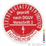 Roter Prüfaufkleber mit dem Text "geprüft nach DGUV Vorschrift 3", zeigt die nächsten Prüftermine von 1 bis 12 sowie die Möglichkeit zur Farbcodierung. Geeignet für Geräte mit einem Durchmesser von 20 bis 50 mm.