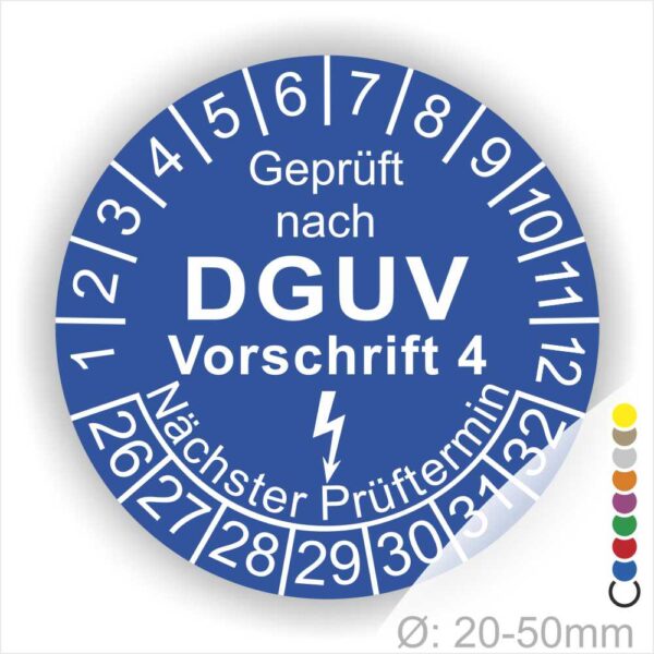 Prüfplakette rund mit Text geprüft nach Dguv Vorschrift 3 danach Elektropfeilund Text Nächster Prüftermin. Plaketten Farbe- Blau und Text in Weiß. Monatszahlen oben und Jahreszahlen unten beginnend mit Startjahr- 26