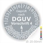 Prüfplakette rund mit Text geprüft nach Dguv Vorschrift 3 danach Elektropfeilund Text Nächster Prüftermin. Plaketten Farbe- Grau und Text in Weiß. Monatszahlen oben und Jahreszahlen unten beginnend mit Startjahr- 26.