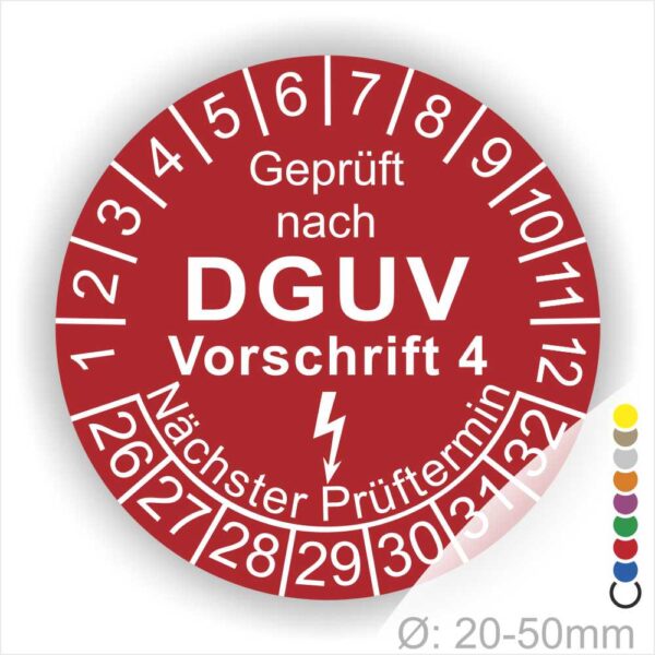 Prüfplakette rund mit Text geprüft nach Dguv Vorschrift 3 danach Elektropfeilund Text Nächster Prüftermin. Plaketten Farbe- Rot und Text in Weiß. Monatszahlen oben und Jahreszahlen unten beginnend mit Startjahr- 26