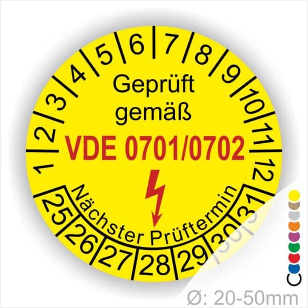 Prüfetiketten VDE 0701-0702 Farbe-Gelb Startjahr- 25 mit Elektro Pfeil und Monats und Jahreszahlen