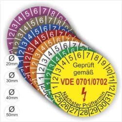 Prüfplaketten VDE 0701-0702 Farbe-Gelb Startjahr- 25 mit Elektro Pfeil und Monats und Jahreszahlen Form ist Rund