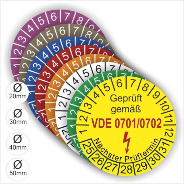 Prüfplaketten VDE 0701-0702 Farbe-Gelb Startjahr- 25 mit Elektro Pfeil und Monats und Jahreszahlen Form ist Rund