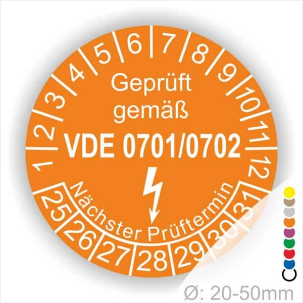 Pruefplakette vde-0701-0702 Farbe- Orange Startjahr- 25mit Elektro Pfeil und Monats und Jahreszahlen