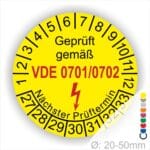 VDE 0701 0702 Prüfplakette gelb rund mit Monatsanzeige und Jahresring zur Kennzeichnung des nächsten Prüftermins elektrischer Betriebsmittel – selbstklebender Prüfaufkleber Ø 20–50 mm
