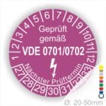 Prüfsiegel für elektrische Geräte gemäß VDE 0701/0702 mit Angabe des nächsten Prüftermins und Durchmesser von 20-50 mm.