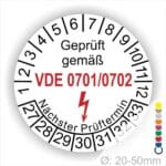 VDE 0701 0702 Prüfplakette weiß rund mit Monatsanzeige und Jahresring zur Kennzeichnung des nächsten Prüftermins elektrischer Betriebsmittel – selbstklebender Prüfaufkleber Ø 20–50 mm