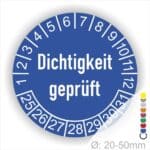 Prüfetiketten, Prüfaukleber rund, Farbe- Blau, Text auf Englisch "Dichtigkeit geprüft" in Weiß. Startjahr- 25, Monatszahlen Oben und Jahreszahlen Unten in Kreisform.