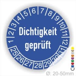 Prüfetiketten, Prüfaukleber rund, Farbe- Blau, Text auf Englisch "Dichtigkeit geprüft" in Weiß. Startjahr- 25, Monatszahlen Oben und Jahreszahlen Unten in Kreisform.