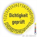 Prüfetiketten, Prüfaukleber rund, Farbe- Gelb, Text auf Englisch "Dichtigkeit geprüft" in Schwarz. Startjahr- 25, Monatszahlen Oben und Jahreszahlen Unten in Kreisform.