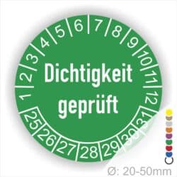 Prüfetiketten, Prüfaukleber rund, Farbe- Grün, Text auf Englisch "Dichtigkeit geprüft" in Weiß. Startjahr- 25, Monatszahlen Oben und Jahreszahlen Unten in Kreisform.