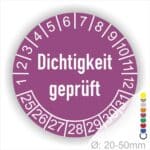 Prüfetiketten, Prüfaukleber rund, Farbe- Lila, Text auf Englisch "Dichtigkeit geprüft" in Weiß. Startjahr- 25, Monatszahlen Oben und Jahreszahlen Unten in Kreisform.