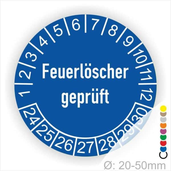 Prüfetiketten, Prüfaukleber rund, Farbe- Blau, Text auf Englisch "Feuerlöscher geprüft" in Weiß. Startjahr- 24, Monatszahlen Oben und Jahreszahlen Unten in Kreisform.