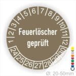 Prüfetiketten, Prüfaukleber rund, Farbe- Braun, Text auf Englisch "Feuerlöscher geprüft" in Weiß. Startjahr- 24, Monatszahlen Oben und Jahreszahlen Unten in Kreisform.