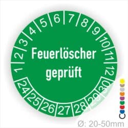 Prüfetiketten, Prüfaukleber rund, Farbe- Grün, Text auf Englisch "Feuerlöscher geprüft" in Weiß. Startjahr- 24, Monatszahlen Oben und Jahreszahlen Unten in Kreisform.