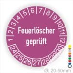 Prüfetiketten, Prüfaukleber rund, Farbe- Lila, Text auf Englisch "Feuerlöscher geprüft" in Weiß. Startjahr- 24, Monatszahlen Oben und Jahreszahlen Unten in Kreisform.